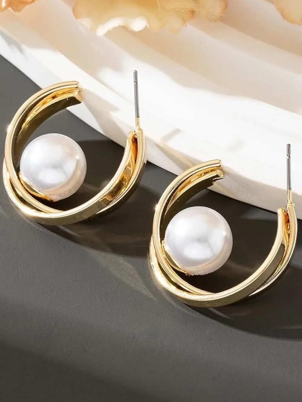 Anthropologie Gold Tone Hoop Earrings with White Pearl Accent